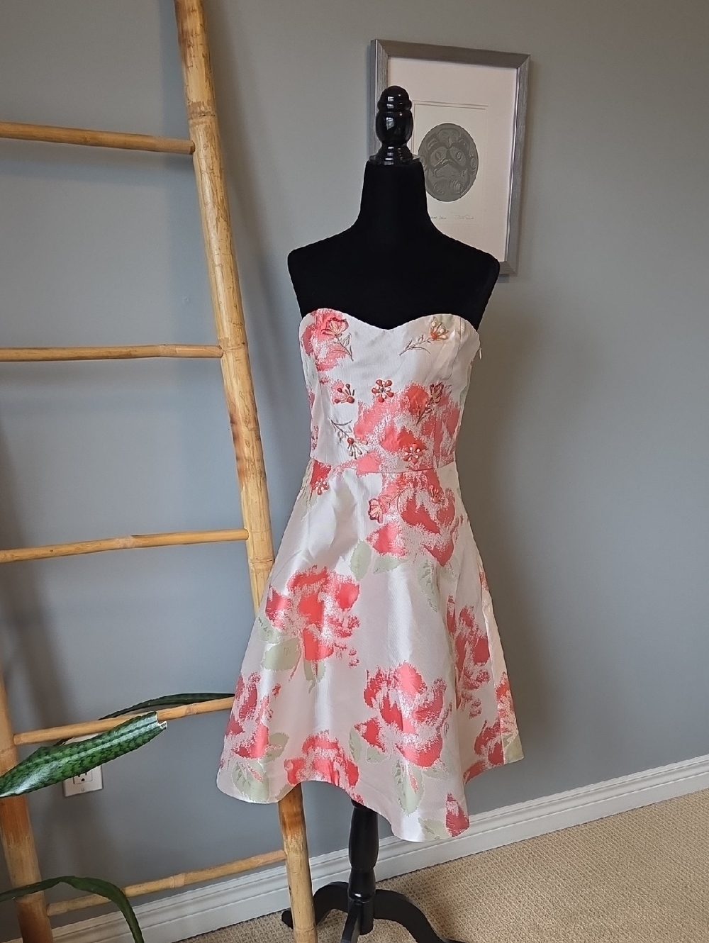 RW&CO. Strapless Floral A-Line Dress in Coral and Cream